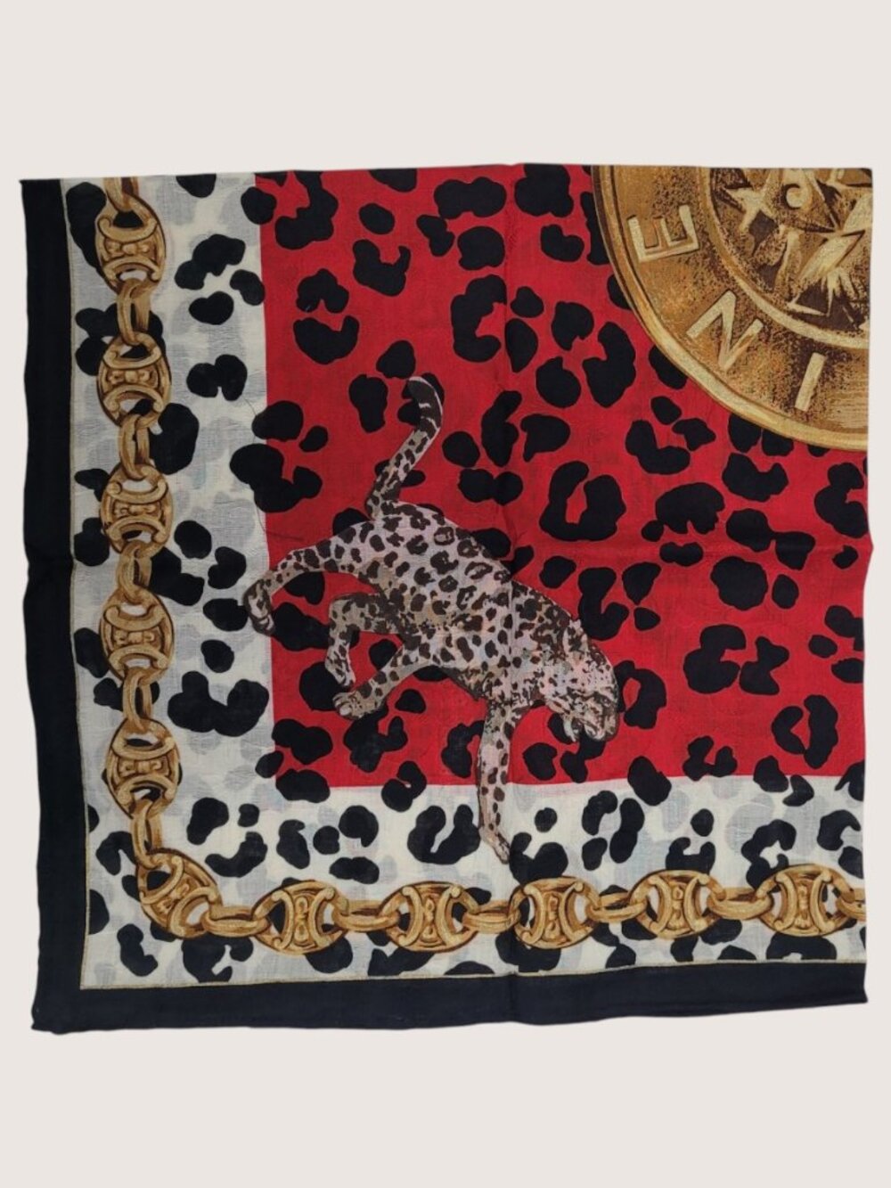 NWT Vintage CELINE Paris Leopard Chain Print Cotton Scarf Bandana Pocket Square - Picture 4 of 5